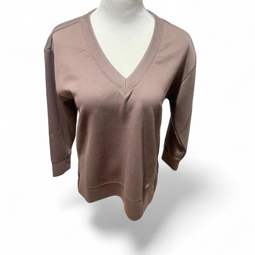 Danskin V Neck Ribbed Pullover Sweatshirt Taupe Brown Long Sleeve‎ Athleisure